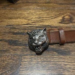 Gucci Calfskin Brass Feline Buckle Belt Toscano